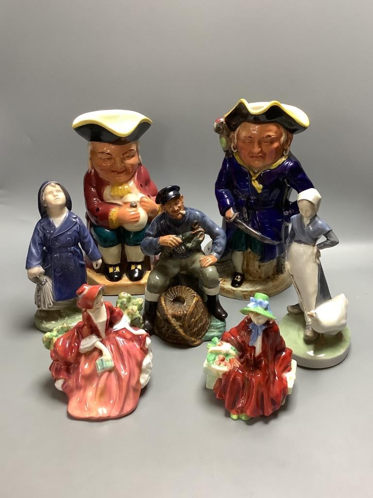 Two Royal Copenhagen figures, two character jugs, Royal Doulton, etc.